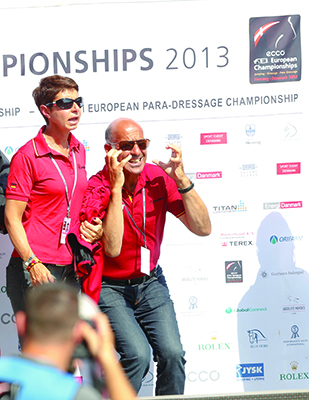 Monica and co-trainer Jonny Hilberath watch on in shock as Helen Langehanenberg has an error of course in her Grand Prix Special at the 2013 Euros